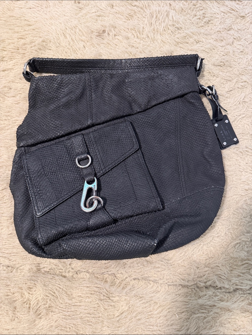 L.A.M.B. Black Textured Hobo Bag with Front Flap Pocket